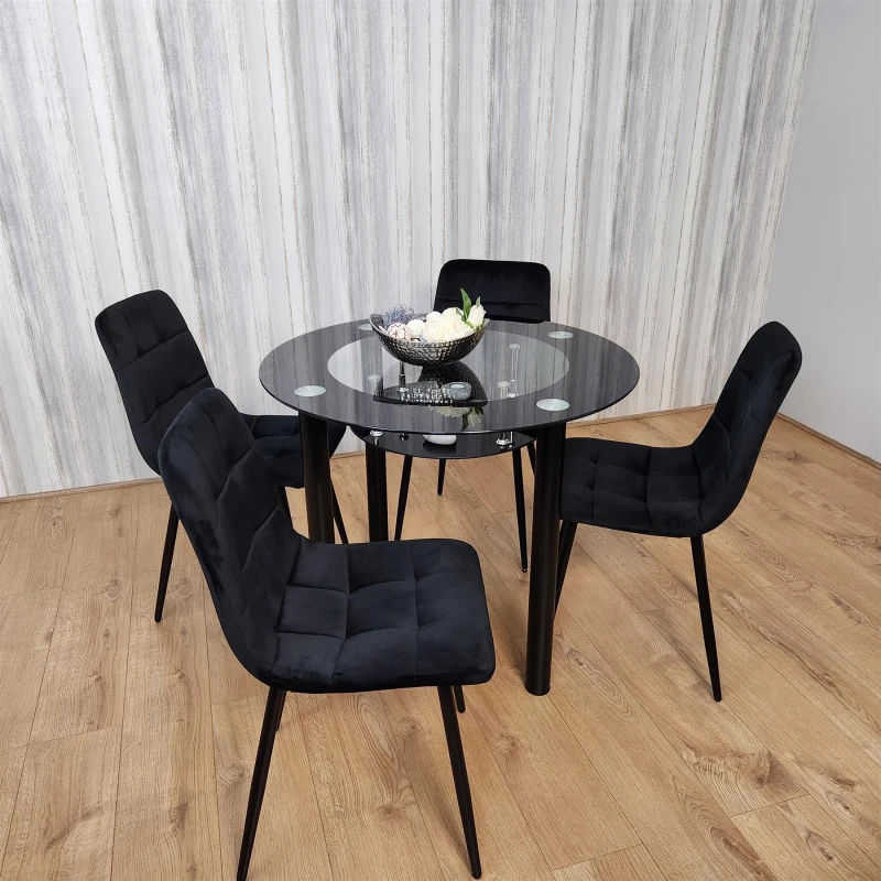 Image of KOSY KOALA Dining Table and 4 Chairs Round Glass Black 4 Black Velvet Chairs Dining Room Furniture Round Black glass + 4 Black rocco