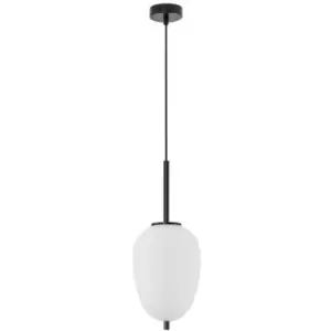 Image of Kenora 15.8cm Globe Pendant Ceiling Light Black Metal, Opal Glass LED E14 - Merano