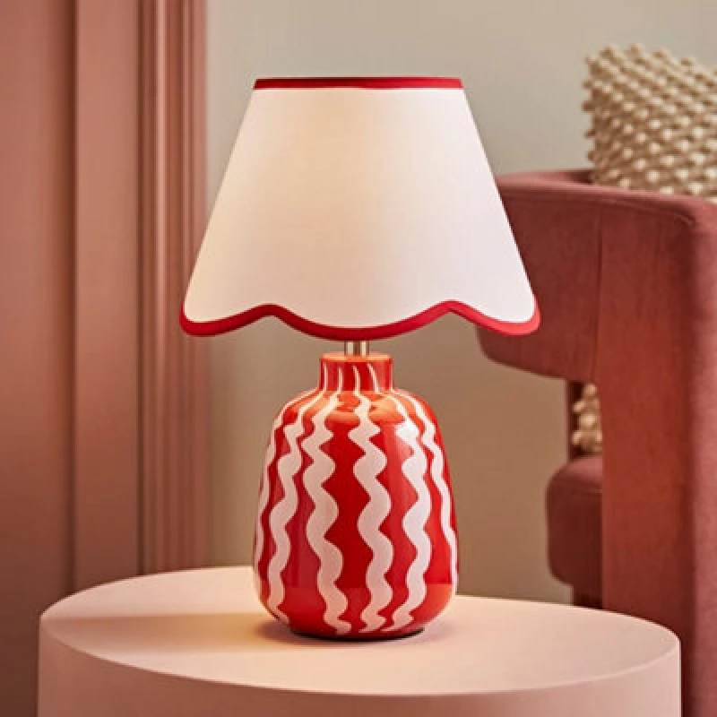Image of ValueLights ValueLights Katy Red and Pink Wiggle Table Lamp with Scallop Trim Lamp Shade Red One Size Unisex 5016529274414