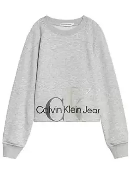 Image of Calvin Klein Jeans Girls Mixed Monogram Cut Off Sweatshirt - Light Grey, Light Grey, Size Age: 12 Years, Women