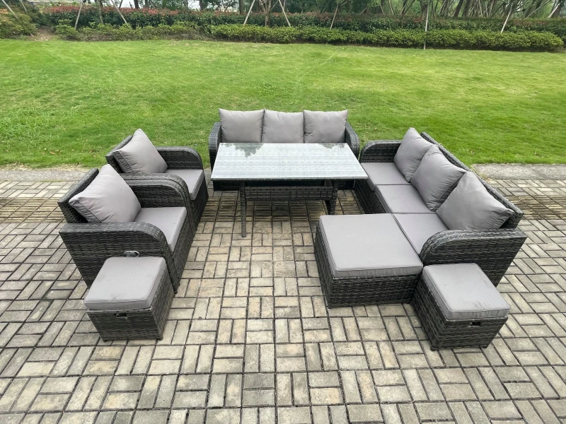 Image of Fimous Outdoor Garden Patio Furniture Wicker Rattan Oblong Rectangular Dining Table & Lounge Sofa set with Adjustable Chair 3 Footstool in Dark Grey D