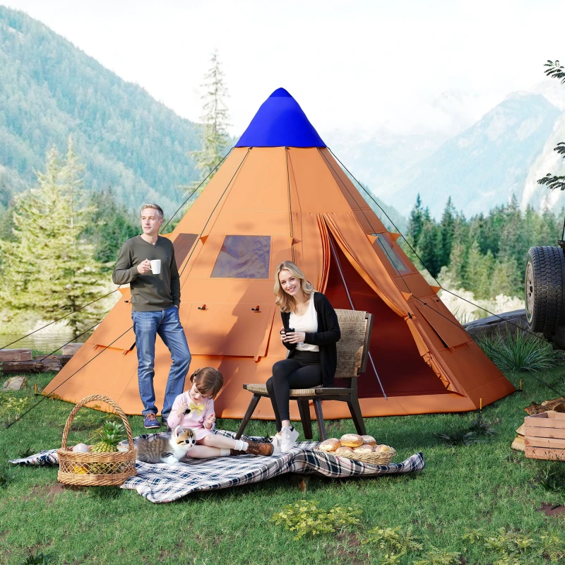Image of OUTSUNNY 6 Man Tipi Tent, Water-Resistant Walls Mesh Windows Zipped Door in Orange Orange Unisex