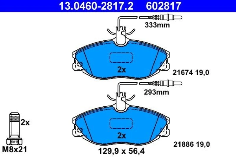 Image of ATE 13.0460-2817.2 Brake pad set incl. wear warning contact, with brake caliper screws Brake Pad Set,disc brake (402)