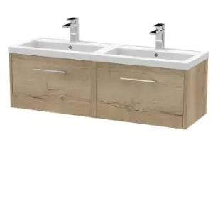 image of Hudson Reed Juno 1200mm Wall Hung 2 Drawer Vanity & Double Polymarble Basin - Autumn Oak