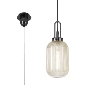 Image of 1 Light Pendant E27 With 20cm Tubular Ribbed Glass, Champagne Black Chrome, Matt Black