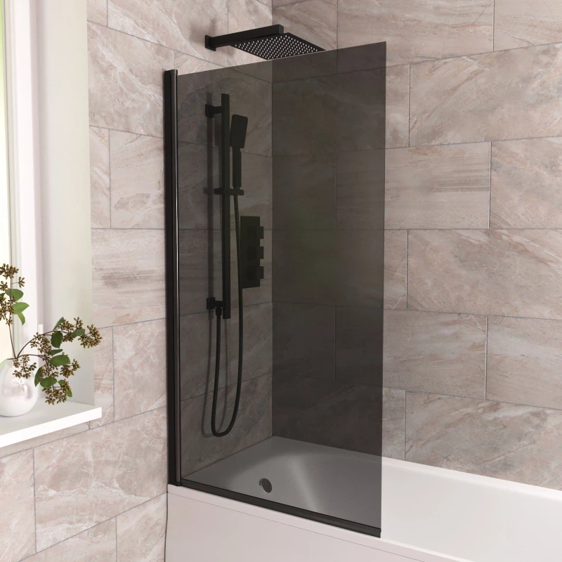 Image of Nes Home 800mm Square Bath Screen Black Profile Tinted Black Glass Reversible Black