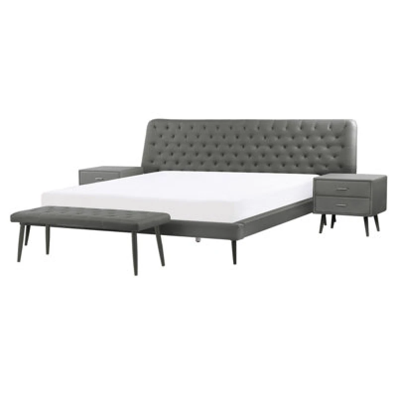 Image of Beliani Bedroom Set Faux Leather Essonne 160 X 200 Cm (Eu King Size) Grey