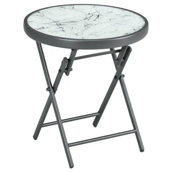 image of Round Folding Side Table Patio Table w/ Imitation Marble Glass Top