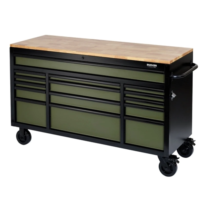 Image of Bunker Workbench Roller Tool Cabinet, 15 Drawer, 61", Green 10368