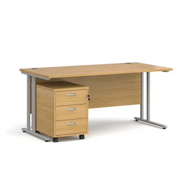 image of Maestro 25 Straight Desk Silver Frame Oak Table Top and 3 Drawer Pedestal - 1600mm