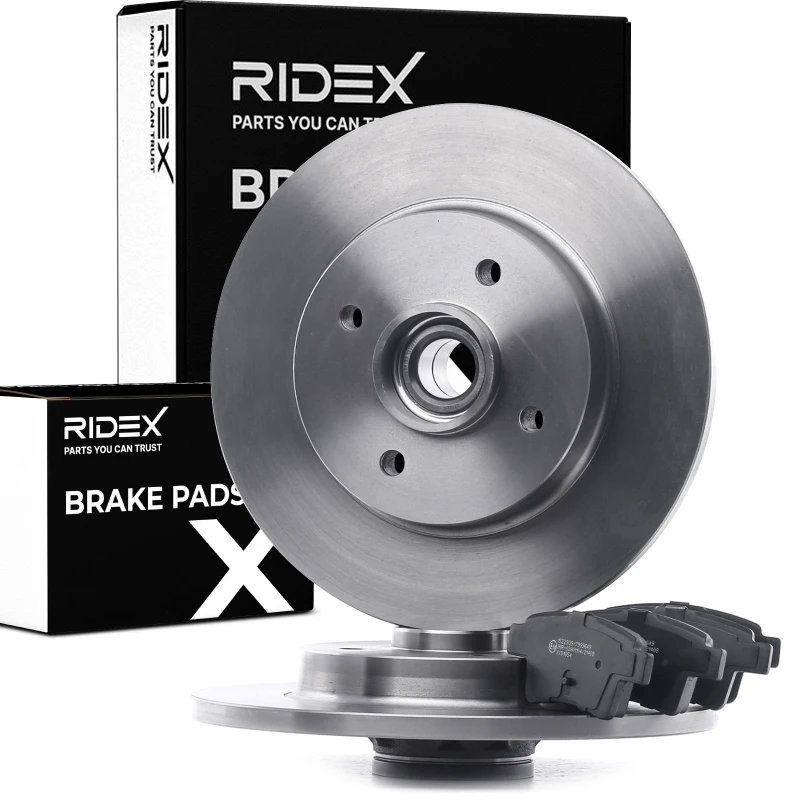 Image of RIDEX 3405B0843 Brake disc and pads set Rear Axle, Brake Disc Type: Solid, not prepared for wear warning indicator, with wheel bearing Brake Set,disc
