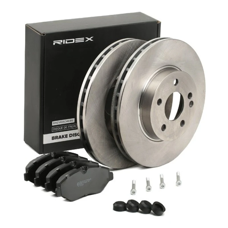 Image of RIDEX 3405B0868 Brake disc and pads set Front Axle, Brake Disc Type: internally vented, prepared for wear warning indicator Brake Set,disc brakes (34