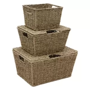 image of Jvl Seagrass Set Of 3 Rectangular Lidded Storage Storage Baskets