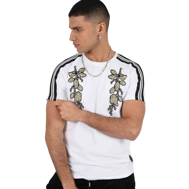 Image of Project X Paris T-Shirt round neck contrasting bands Project X Paris patch floral Blanc Male S
