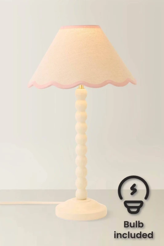 Image of ValueLights Bobbin Colour Trim Linen Shade Cream Bobble Table Lamp with Bulb in Baby Pink Baby Pink Unisex