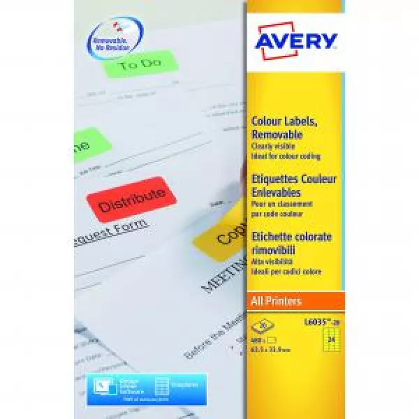 Image of Avery L6035-20 Yellow Removable Labels 20 sheets - 24 Labels per sheet