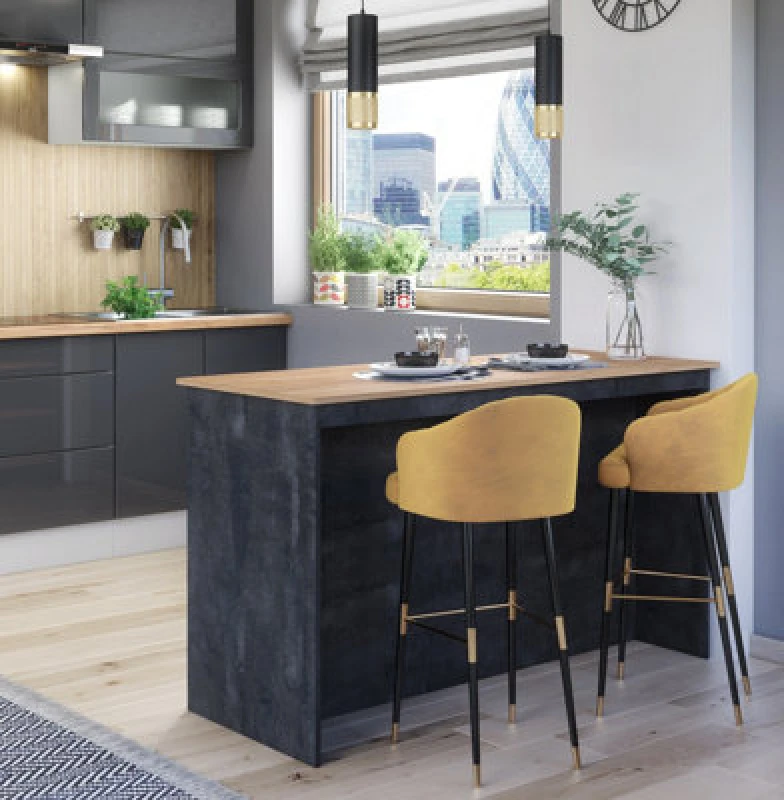 Image of Furneo Kitchen Island Modern Breakfast Bar Shelves Black Concrete & Oak Effect Ki04