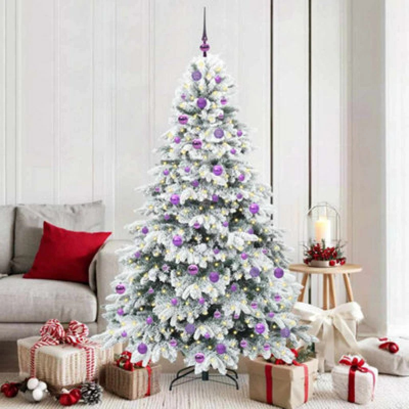 Image of vidaXL Artificial Christmas Tree with 300 LEDs, Lilac Balls Snow Flocked Green 180cm PE and PVC, Green 3397620