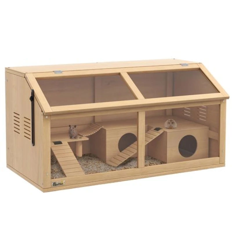 Image of PawHut Wooden Hamster Cage for Gerbils w/ Suspension Bridge, Ladders, Nature, Brown D51-402V01ND
