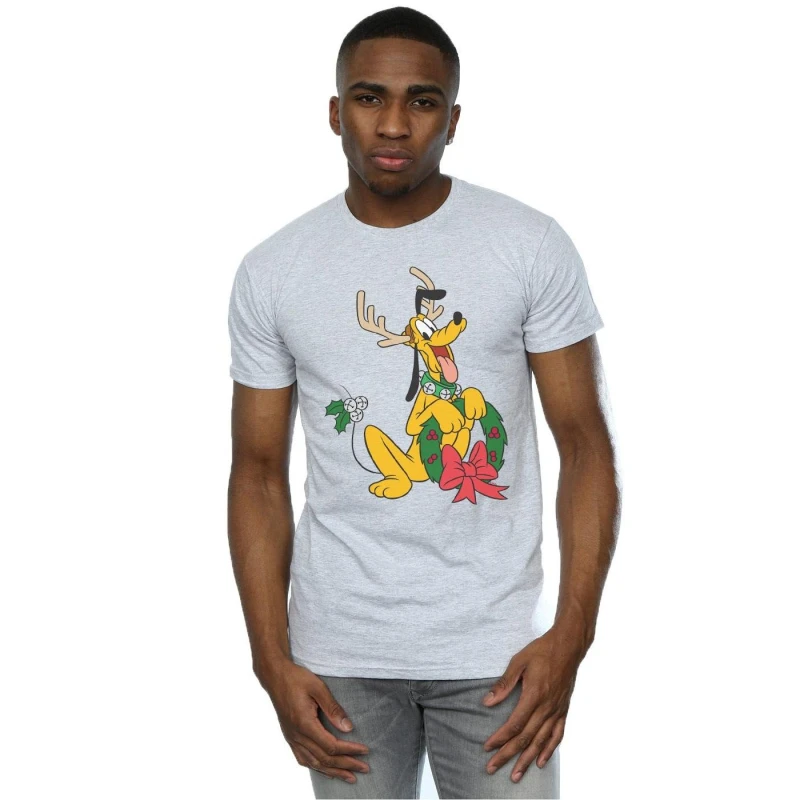Image of Disney Men Pluto Christmas Reindeer T-Shirt in Grey Size: Small Grey S Male 5059400324334