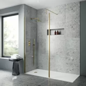 image of Nuie - Outer Framed Wetroom Screen 1200mm w x 1850mm h with Support Bar 8mm Glass - Brushed Brass