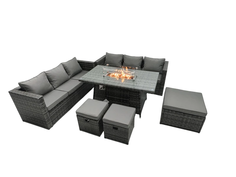 Image of Fimous Rattan Garden Furniture Firepit Dining Set 6 Seater Lounge Sofa Table Set with 3 Footstool Dark Grey