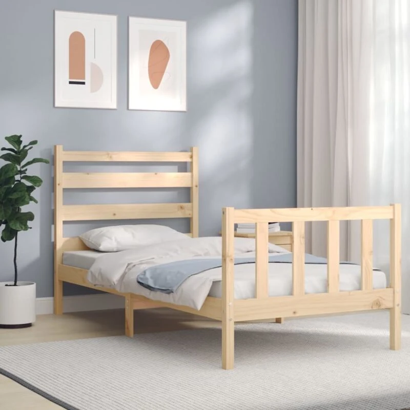 Image of Vidaxl Bed Frame With Headboard 90X190 Cm 3ft Single Solid Wood, Brown 3192001