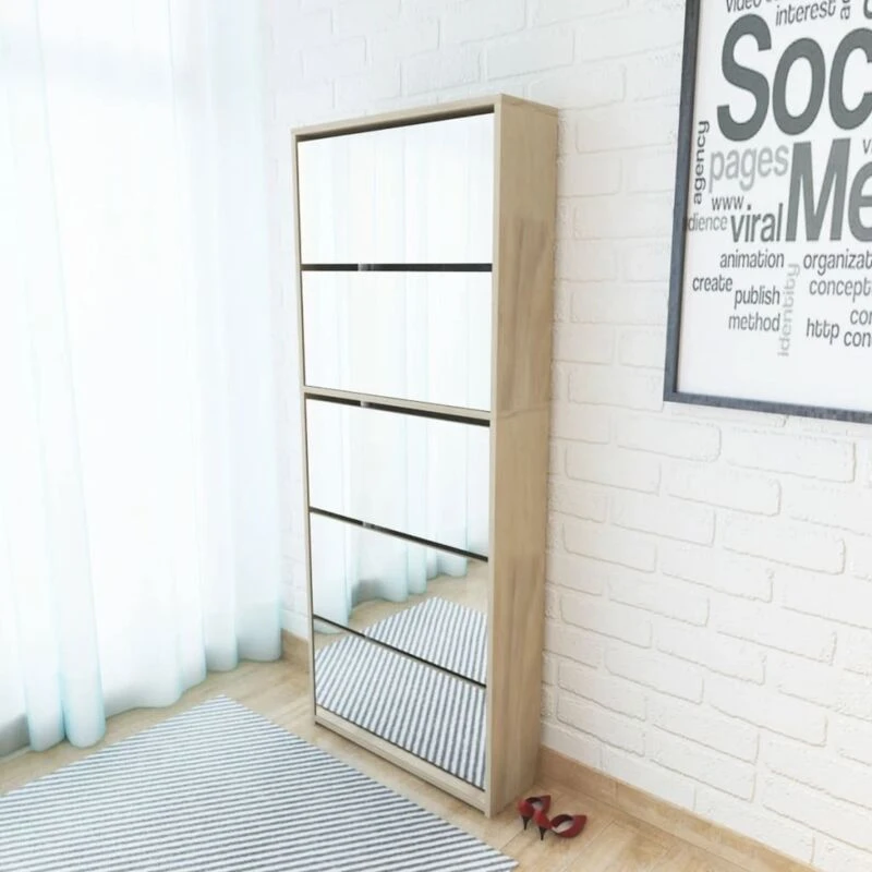 Image of VIDAXL Shoe Cabinet 5-Layer Mirror Oak 63x17x169.5cm vidaXL 8718475547556