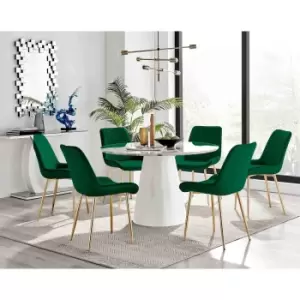 Image of Furniture Box Palma White Marble Effect Round Dining Table and 6 Green Pesaro Gold Leg Chairs