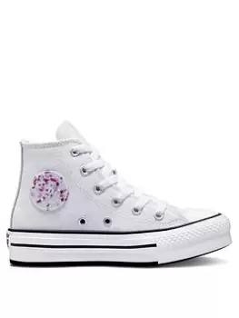 image of Converse Chuck Taylor All Star Hi Childrens Girls Eva Lift Glitter Platform Trainers -White/Silver, White/Silver, Size 10