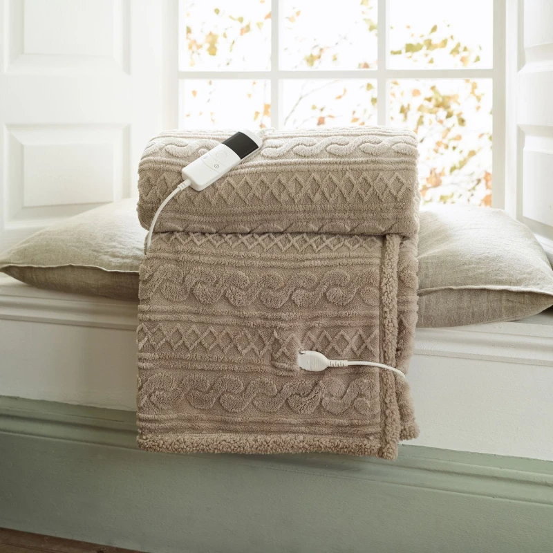 Image of Deyongs Deyongs Cable Heated Throw 140x180cm - Luxury Electric Blanket with Super Soft Sherpa in Taupe Size: 140cm x 180cm Taupe 140cm x 180cm Unise