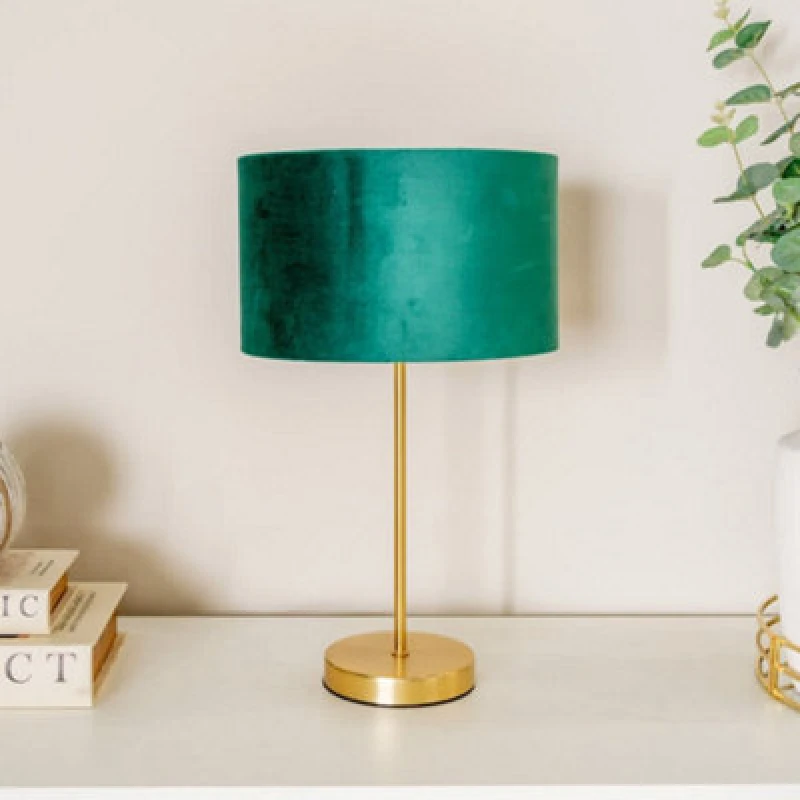 Image of ValueLights ValueLights Charlie Gold Stem Table Lamp with Velvet Drum with Gold Inner Lamp Shade & Bulb in Bottle Green Bottle Green One Size Unisex 5