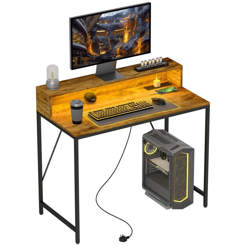 Image of HOMCOM Computer Desk with LED Lights - Study Table with Shelf - Rustic Brown TJ Hughes 5063603122574