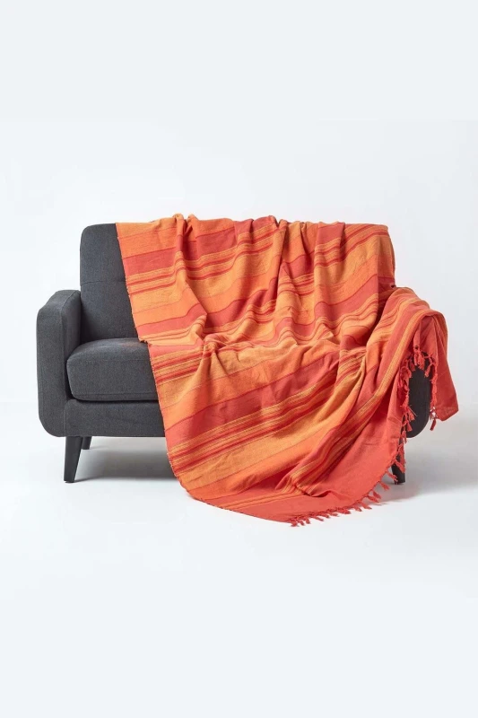Image of Homescapes Cotton Morocco Striped Terracotta Throw, 255 X 360 Cm