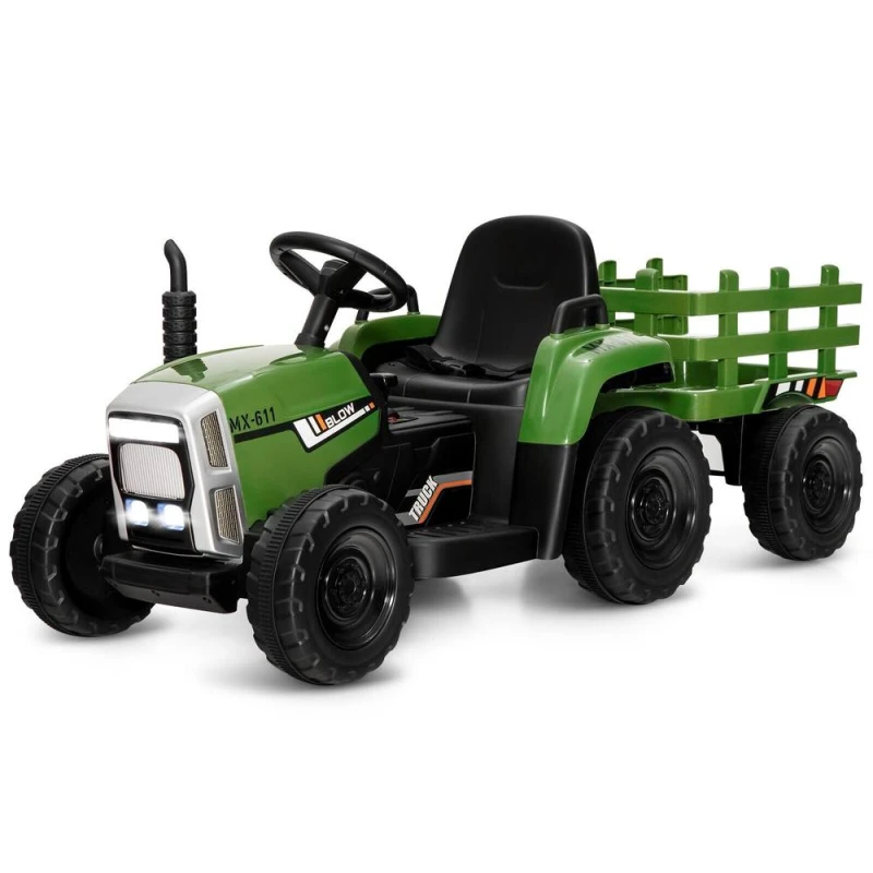 Image of COSTWAY Ride on Tractor and Trailer 12V Electric Toy Car w/Light & Music Detachable Green unisex