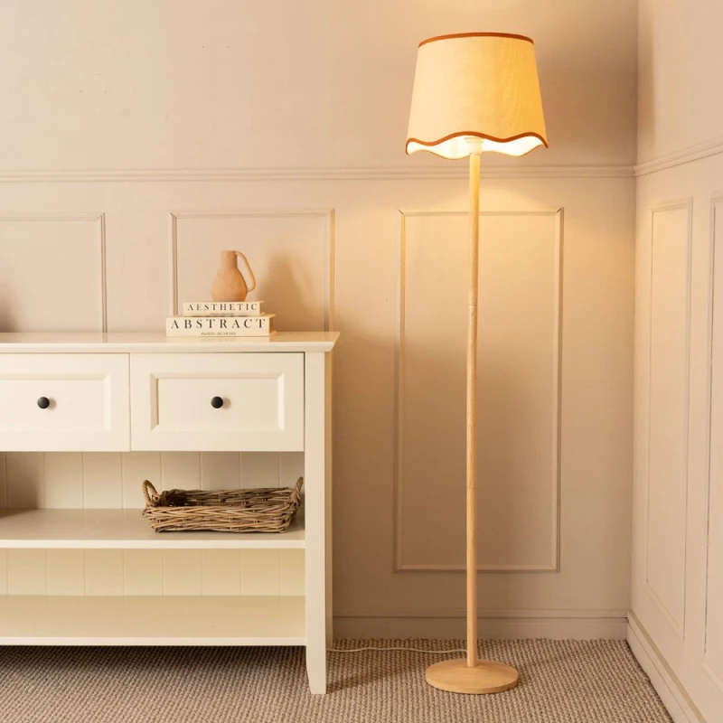 Image of ValueLights Triston Natural Light Wood Stem Floor Lamp with Scallop Trim Tapered Lamp Shade Burnt Orange