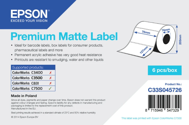 Image of Epson Epson Premium Matte Label - Die-cut Roll: 76mm x 127mm, 960 labels C33S045726