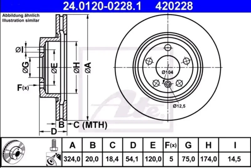 Image of ATE 24.0120-0228.1 Brake disc Vented, Coated, High-carbon, with bolts/screws Brake Disc (82)