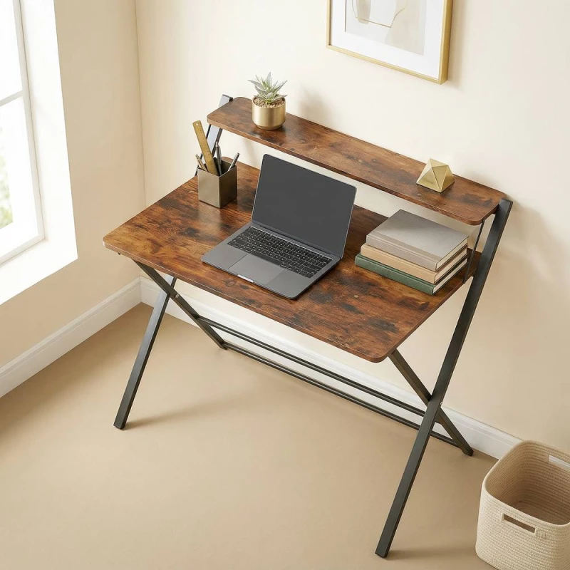 Image of HOMCOM Folding Desk with 2-Tier Shelf for Home Office in Brown Brown Unisex