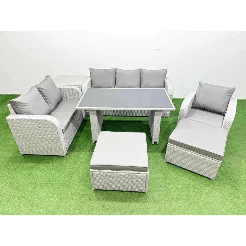Image of FIMOUS Rattan Outdoor Table Reclining Chair Sofa Set with Side Table 2 Big Stools Light Grey 8 Seater - Fimous B40009121220373839