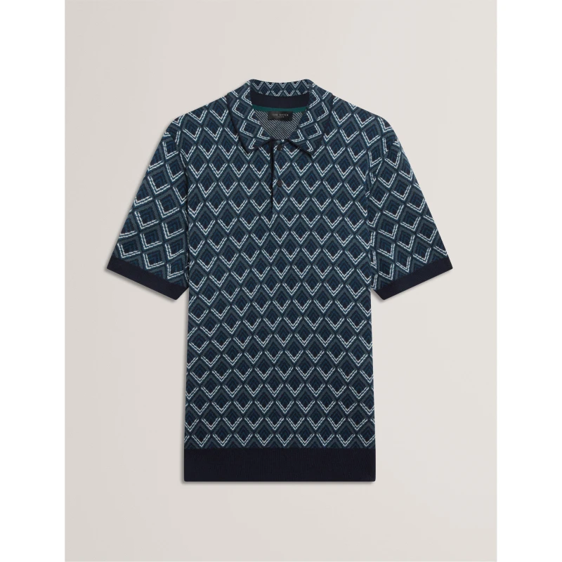 Image of Ted Baker Mens Jacquard Short-Sleeve Polo Shirt Short Sleeve Polos S (2) Blue 54109319350
