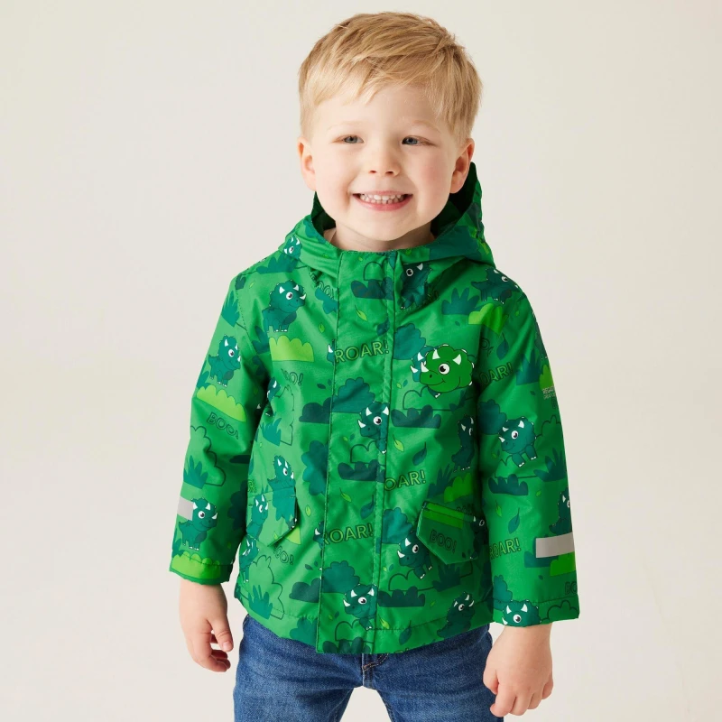 Image of Regatta Boys Animal Rainy Day Waterproof Jacket 48-60 Months (104-110cm) Stompy the Dinosaur Jelly Bean RKP276B-AFP-48