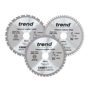 Image of Trend CraftPro Saw Blade 190 x 30mm x 24T/40T/60T (Pack 3)