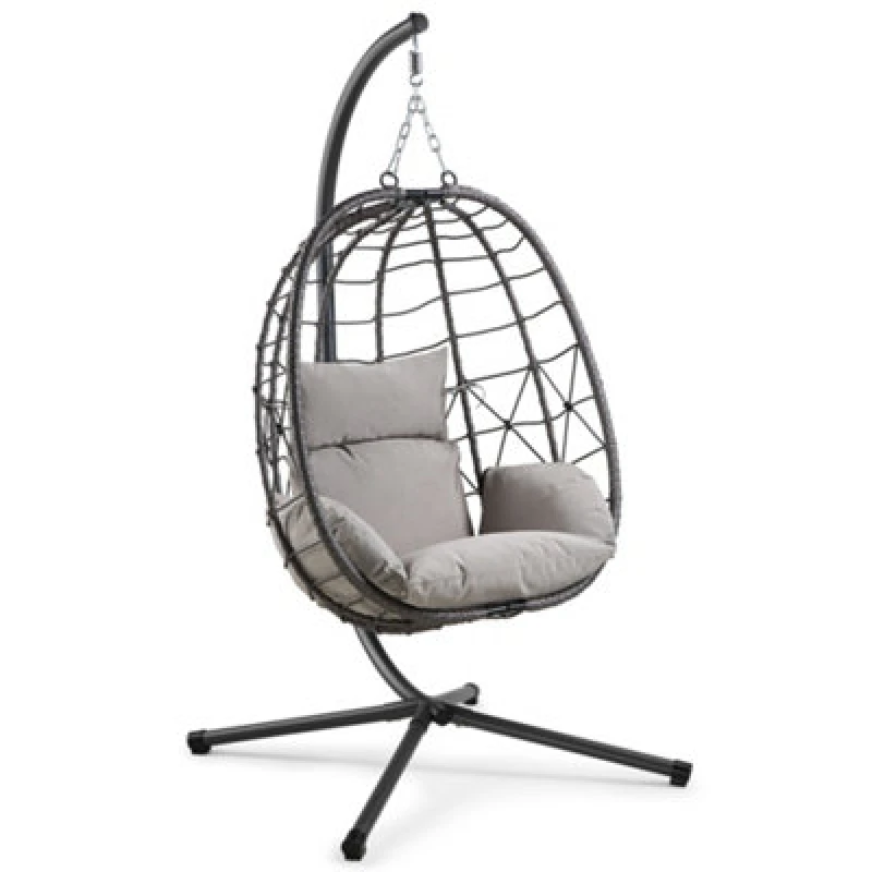 Image of VonHaus Rattan Garden Hanging Egg Chair Grey