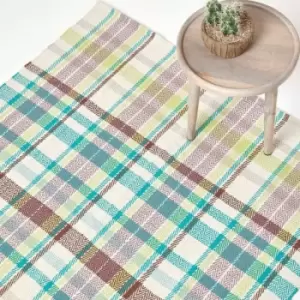 Image of Wilson Handwoven Blue, Yellow and Brown Tartan 100% Cotton Rug, 120 x 170cm - Multi Colour - Homescapes