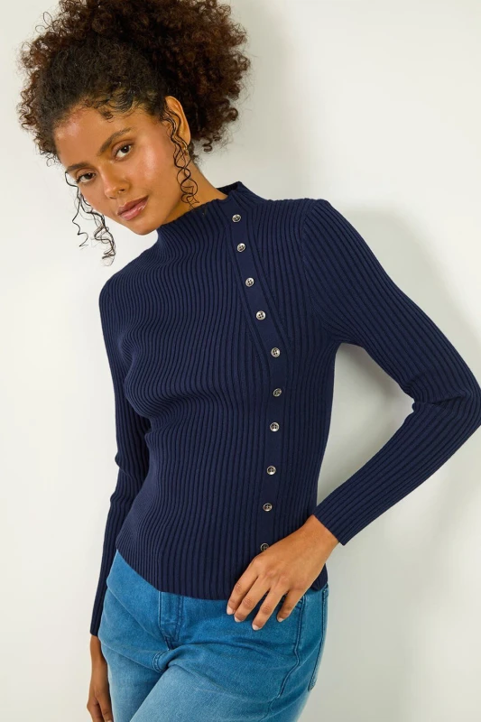 Image of Dusk Dusk High Neck Button Detail Rib Jumper Navy