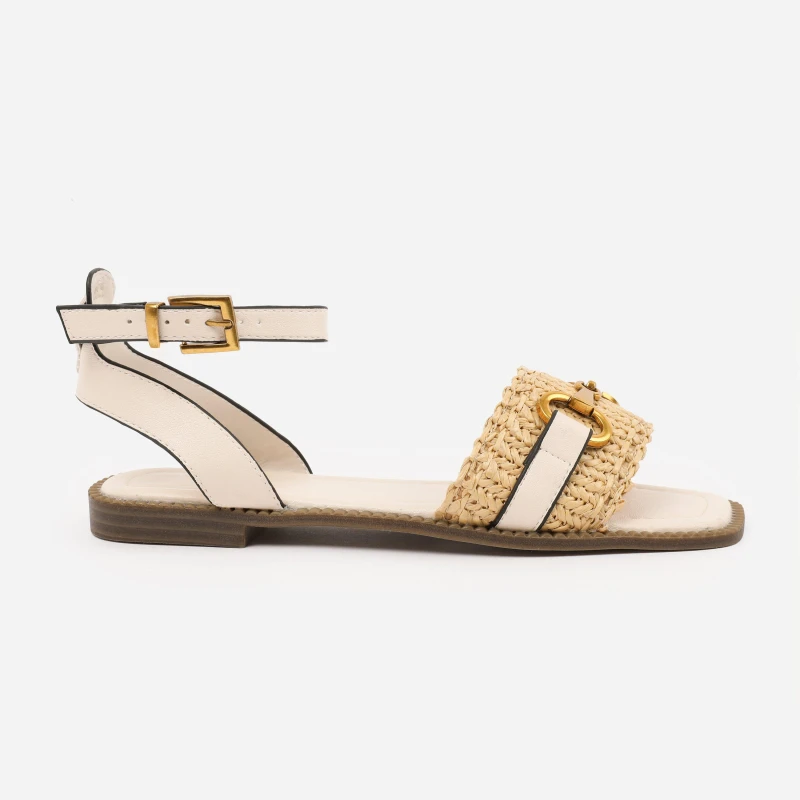 Image of Where's That From 'Bonnie' Pu Straw Detail Strap Sandals With Buckle Closure Cream
