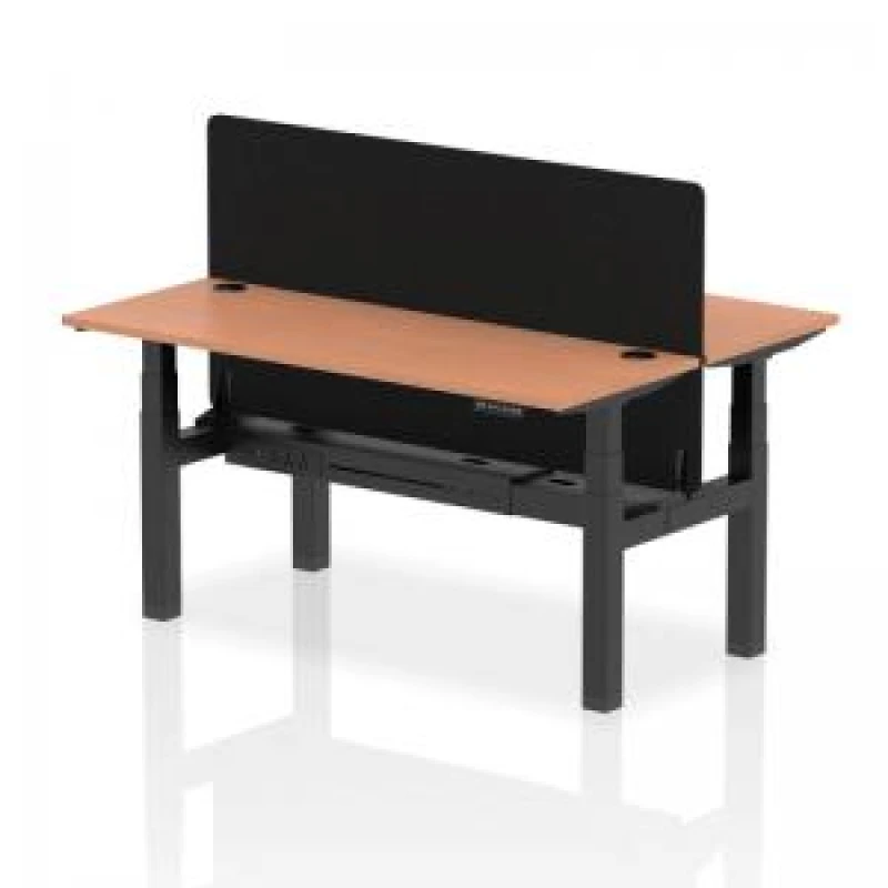 Image of Air Back - to - Back 1600 x 600mm Height Adjustable 2 Person Bench Office Desk Beech Top - Cable Ports Black Frame - Black Straight Screen
