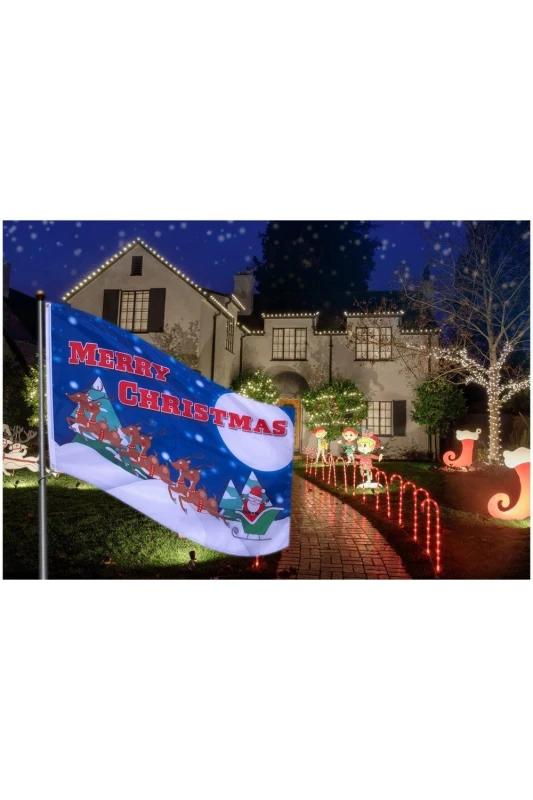 Image of St Helens Merry Christmas Flag Santa Reindeer and Sleigh Design with 2 Metal Grommets, Blue ELV-229674