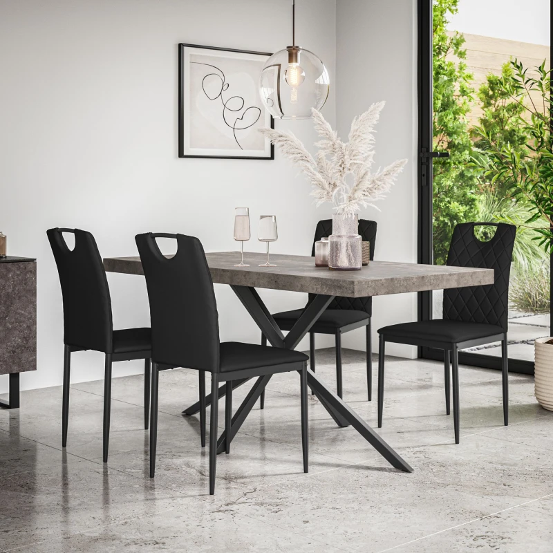 Image of More4Homes Donni Dining Table And Chairs - Concrete Effect Table Top W Black Legs + Monza Faux Leather Dining Chair Set Of 4 (Black)